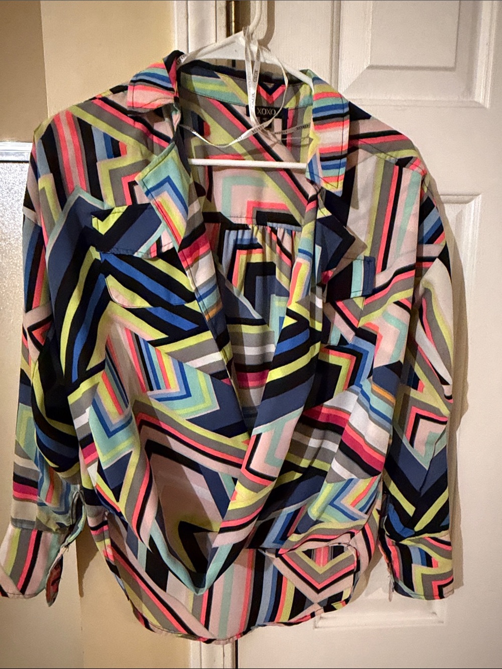 XOXO Neon Stripe Geometric Blouse - Coral, Lime, Blue, Black